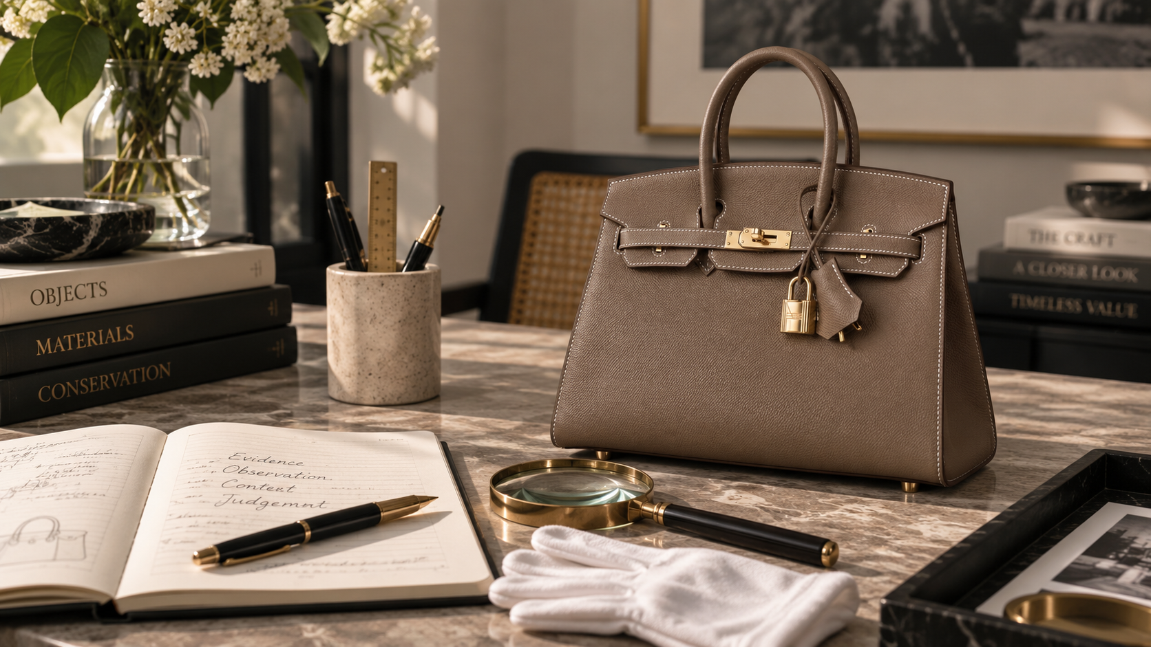 Luxury handbag on an examination table with a notebook, magnifying glass and white gloves for a professional authentication assessment